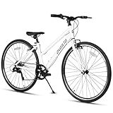 AVASTA Road Hybrid Bike for Women Female Lightweight Step Through 700c Aluminum Alloy Frame City Commuter Comfort Lady Bicycle, 7-Speed Drivetrain, Color White