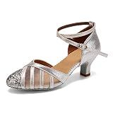 TINRYMX Womens Latin Dance Shoes Sequin Mesh Ballroom Salsa Tango Party Wedding Dance Shoes, DY105-Silver-5.5cm-Suede Sole,9.5 (M) US