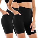 Leafigure 2 Pack Womens Biker Shorts with Pockets, High Waisted Tummy Control Yoga Shorts for Women Running Gym and Workout Black L-XL