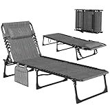 Outsunny Chaise Lounge Chair Outdoor, 5-Position Adjustable Sun Tanning Chair with Carrying Handle and Side Pocket, Folding Bed Cot with Removable Pillow for Garden, Beach, Patio, Pool, Camp, Gray