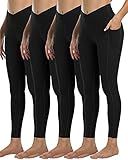 YOUNGCHARM 4 Pack Leggings with Pockets for Women,V Crossover High Waist Tummy Control Workout Yoga Pants,4Black-L
