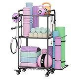 Weight Rack for Home Gym, All in One Yoga Mat Storage Rack, Workout Equipment Storage with Wheels and Hooks for Dumbbells Kettlebells Foam Rollers, Powder Coated (Black)