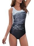 American Trends Athletic One Piece Swimsuits for Women Full Coverage Modest Bathing Suits Chlorine Resistant Water Aerobics Sporty Swimwear Black Gradient L