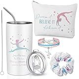 Sieral 4 Pieces Gymnastics Gifts for Girls 14oz Water Bottle Hair Scrunchies Bracelet Pouch Sports Accessories Girl Gifts for Birthday Team Sports Lover Gymnast Party Favors (Pink, Blue, Gymnastics)