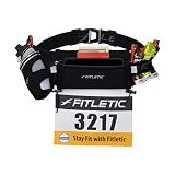 Fitletic Hydration Running Belt With 12oz Quick Flow Water Bottle For Men & Women –Race Belt, Gel Holders & Bib Toggles Patented Bounce Free Design, Water Resistant- Fits All Phones – Fully Loaded