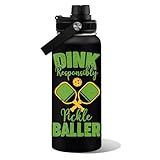 WWHSAI Pickleball Water Bottle 32oz | Insulated Stainless Steel Travel Tumbler with Lid Leak-Proof Keep Hot or Cold, BPA-Free |Dink Responsibly Gifts for Pickleball Lovers