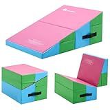 Gymnastics Cheese Mat Incline Wedge Mat, Folding Gymnastics Mat for Kids Tumbling, Indoor/Outdoor Skill Shape Training & Exercise equipment Home Gym Yoga (Pink-Green, S:32.3"x23.6"x13")
