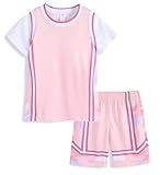 Vienlazgee Girls Boys Basketball Jersey Shirt and Shorts 2 Piece Printed Sports Uniform Set 8-9 Years Pastel Pink