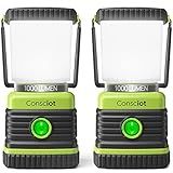 Consciot LED Battery Powered Camping Lantern, 1000LM, 4 Light Modes, IPX4 Waterproof Portable Tent Flashlight for Power Outages, Emergency, Hurricane, Hiking, Light Green, 2-Pack
