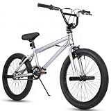 Yventix 20 Inch BMX Bike, Freestyle Trick Bicycle for Kids Teens, Silver
