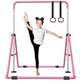 Nimsqury Foldable Gymnastics Bar, 5-Height Adjustable Gymnastic Bars for Kids at Home,Robust & Stable for Indoor/Outdoor Using,Weight Limit 140LBS (Pink)