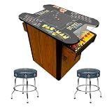 Namco Pac Man Pixel Bash Arcade Style Cocktail Table Game Woodgrain with 2 Pac Man Stools