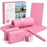 NOLAVA 6-Piece Pink Yoga Mat Set – Non-Slip Mat with Matching Kneeling Pad, Blocks, Strap & Slap Band – Complete Yoga Kit for Home Workouts & Beginners