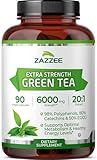 Zazzee Extra Strength Green Tea 20:1 Extract, 50% EGCG, 98% Polyphenols, 80% Catechins, 90 Vegan Capsules, 3 Month Supply, Certified Kosher, Antioxidant & Metabolism Support, Non-GMO, Made in the USA