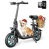 AWWSCOOTER C1 Electric Scooter with Seat for Adults, 450W Powerful Motor, 20 Mile Long Range, 16 Mph Foldable Commuter E-Scooter with Basket for Daily Commute, Grocery, or Pet Travel – Classic Black