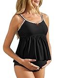 Summer Mae Maternity Two Piece Swimsuit Tankini Ruffle Hem Bathing Suit Shell Stitched Bead Boho Pregnancy Swimwear for Beach Black 14