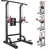 Pooboo Power Tower Dip Station Pull Up Bar for Fitness Home Gym Workout,Multi-Function Adjustable Height Fitness Strength Training Exercise Equipment,with Power Elastic Ropes (Black01)
