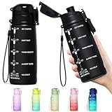 Y&3 32oz 24oz Motivational Fitness Sports Water Bottle With Time Marker, BPA Free Tritan Plastic, Leakproof Flip Top, For Gym, Outdoor, Office Work (Matte Black, 24oz)