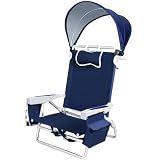 Kamglide Beach Chair with Umbrella and Canopy Shade, Aluminum Backpack Beach Chairs for Adults, Adjustable Sun Shade, 5 Position Lay Flat, Cooler Bag, Cup Holder, Towel Bar, Navy Blue