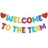 Fulmoon Pre Strung Welcome to The Team Banner with Two Heart Signs, NO DIY, Glitter Welcome Party Supplies for New Employee, Coworker, Colleague, Staff, Team Member Office Decorations (Colorful)