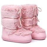 Faux Fur Snow Boots for Women,Furry Fuzzy Fluffy Womens Boots Lace-up Winter Warm Fur Lined Mid-Calf Non-Slip Ski Boots (pink, Adult, Women, 8, Numeric Range, US Footwear Size System, 9, Medium)