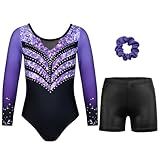 JOYSTREAM Gymnastics Leotards for Girls With Shorts Sparkly Ballet Dance Long Printed Sleeve Outfit 10-11Years,Violet-black Diamond