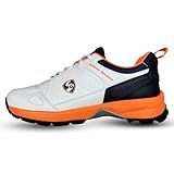 SG Club 6.0 Rubber Spikes Cricket Shoes, White/Navy/Orange, 9 UK