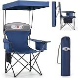 Overmont Camping Chair with Canopy Shade, Oversized 330lbs Heavy Duty Folding Beach Chair with 3L Cooler Bag, High Back Support & 2.5" Padded Headrest for Sports, Fishing, Pool