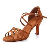 GYUBL Women's Latin Dance Shoes Satin Salsa Bachata Professional Performance Ballroom Dance Shoes 3 Inch Tan US 5