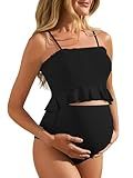 Summer Mae Maternity High Waist Swimsuit Ruffle Hem Bikini Bathing Suit Shirred Bandeau Two Piece Pregnancy Swimwear Black Large