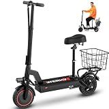 Electric Scooter with Seat, 500W Motor, 20 MPH & 21 Miles Range, 10 Inch Solid Tires, Front Suspension, Foldable Commuter E-Scooter with LCD Display, Dual Braking and Basket