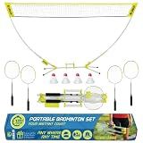 Complete Portable Badminton Set - Quick & Easy Setup - 4 Rackets 2 Birdies Shuttlecock, 1 Net & Badmington Pole Frame for Backyard Park & Beach Games, Indoor Outdoor Sports Equipment for Family Fun