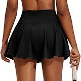 PINSPARK Women Pleated Tennis Skirt High Waist Golf Skorts with 2 Pockets Pickleball Skirts with Inner Shorts Black M