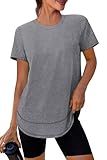 Short Sleeve Shirts for Women Workout Yoga Tops Sun Protection Clothing Summer Outfits Rash Guard Side Slit Grey XL