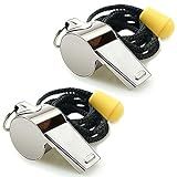 Hipat Whistle, 2 Pack Stainless Steel Sports Whistles with Lanyard, Loud Crisp Sound Whistles Great for Coaches, Referees, and Officials (Silver(Stainless Steel))