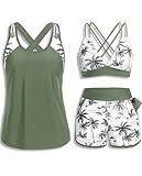 Daci Green Palm Tree 3 Piece Tankini Swimsuit Tummy Control with Bra Pocket Boy Shorts XL