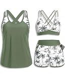 Daci Green Palm Tree 3 Piece Tankini Swimsuit Tummy Control with Bra Pocket Boy Shorts XL