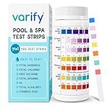 Varify 7 in 1 Pool Test Strips (150 Strips) - Easy to Use Water Testing Kit for Pool, Spa, Hot Tub & More - Tester Strip for Water Hardness, Chlorine, Bromine, pH, Alkalinity and Cyanuric Acid