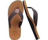 KuaiLu Mens Leather Flip Flops with Comfortable Arch Support Summer Beach