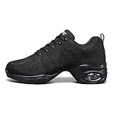Fenlogft Women's Breathable Air Cushion Jazz Dance Shoes Lace Up Mesh Sneakers Athletic Walking Dance Thick Soled (Black,8)