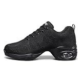 Fenlogft Women's Breathable Air Cushion Jazz Dance Shoes Lace Up Mesh Sneakers Athletic Walking Dance Thick Soled (Black,8)
