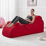 DRMBOOK Yoga Chairs for Adults, Corduroy Fabric Chaise Lounge with Headrest, Boneless Yoga Sofa Couch with Waist Cushion, Movable Footrest, Side Pockets for Relaxation Exercise Stretching (Red)