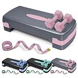 Aerobic Stepper Set with Dumbbells & Measuring Tape, Adjustable Height 2 Level Risers Workout Exercise Step Platform, Pink Grey, the Ultimate Gift for a Joyful Holiday and Merry Christmas