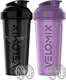 VELOMIX -2 Pack- 28 oz Protein Shaker Bottles for Protein Mixes - 2x Wire Whisk | Leak Proof Shaker Cups for Protein Shakes | Protein Shaker Bottle Pack | Shakers for Protein Shakes-Purple&Black