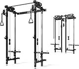 Mikolo Folding Squat Rack, Wall Mounted Power Rack with Cable Crossover Machine & LAT Pull Down, Functional Trainer with 5 Adjustable Function Modes, for Home Gym and Space Saving (Black)