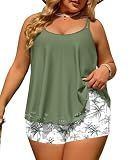 LA PRAJO Plus Size 2 Piece Tankini Swimwear for Women Modest Bathing Suits Tummy Control Flowy Swim Dress with Shorts 2026 Army Green Flower 18 Plus