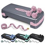 SAKAE Step Aerobics Platform Set with Dumbbells & Measuring Tape, Aerobic Steppers for Exercise at Home, Adjustable Height 2 Level Risers Workout Step Trainer with Non-Slip Surface, Pink