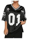 WDIRARA Women's Plus Size Football Jersey Shirts Oversized T Shirt Graphic Letter Print V Neck Short Sleeve Streetwear Top Black 3X-Large Plus