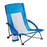 NEWBULIG Low Beach Chair – Folding Camping Chair for Adults, Low Profile Lawn Chair with Cup Holders & Carry Bag, Extra Wide Seat and High Back, Portable for Beach, Outdoors, Travel & Concerts, Blue