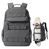 Skateboard Backpack, Large Skateboard Bag for Men and Women Laptop Bag with USB Port, for Skateboarding, College, Travel (Grey)